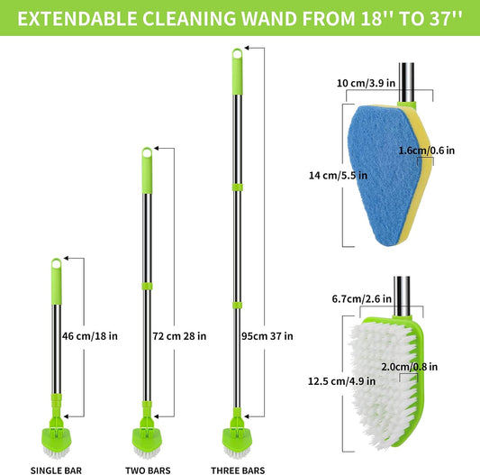 Scrub Cleaning Brush with Long Handle 35'' - Extendable Floor Scrubber with 1 Stiff Bristles & 3 Sponge Brush, Adjustable Lightweigh Detachable Kitchen Brush for Baseboard Shower Bathroom Bathtub Tile