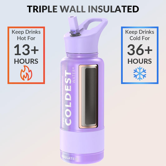 Coldest Insulated Water Bottle with Straw Lid - Stainless Steel Metal Insulated Bottle for Men & Women (Purple Glitter, 32 oz)