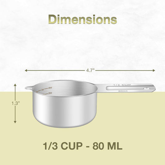 2PCS 1/3Cup (80ml, 2.6oz) Single Measuring Cup, Etched Inner Scale Stainless Steel Measure Scoop, Metric and US Measurement, Dishwasher Safe