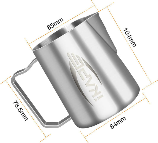 IKAPE Espresso Milk Pitcher, Espresso Steaming Pitcher with Sharp Spout for Espresso Barista Tool, 15.4 oz / 450ml Milk Frothing Jug (Silver)