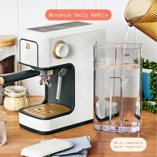 Beautiful Slim Espresso Maker by Drew Barrymore – 20‑Bar Pressure, Dual‑Spout 52 mm Portafilter, 50 oz Removable Tank, 2‑in‑1 Steam Wand & Touch Controls (White Icing)