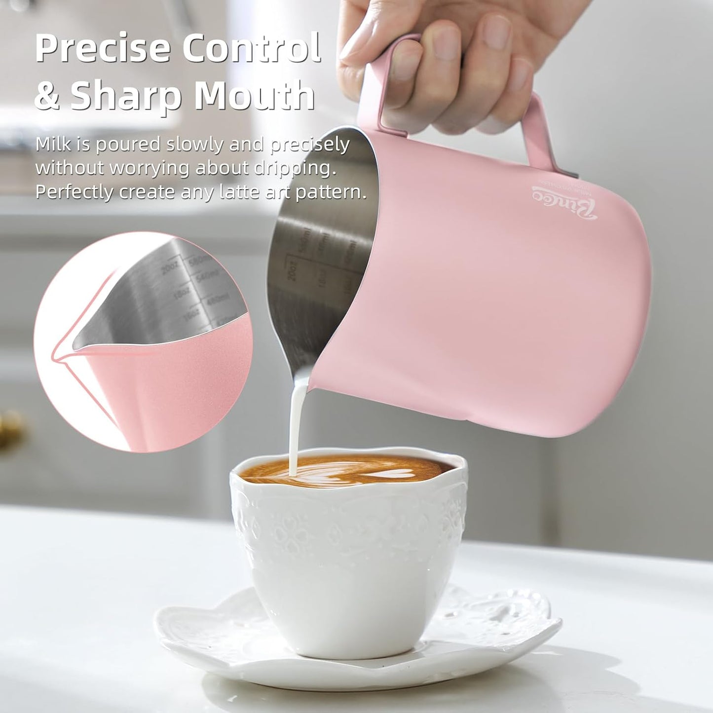Pink Milk frother - 350ml/12OZ Milk Frothing Pitcher, Milk Frother Cup Espresso Steaming Pitcher for Barista, Bincoo 304 Stainless Steel Espresso Steaming Pitchers for Latte Art/Cappuccino/Coffee/Milk