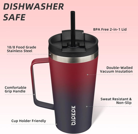 BJPKPK Insulated Tumbler with Handle, 18oz Insulated Tumblers with Lid and Straw, Stainless Steel Metal Water Bottles, Coffee Travel Mugs, Cups, Charming Red