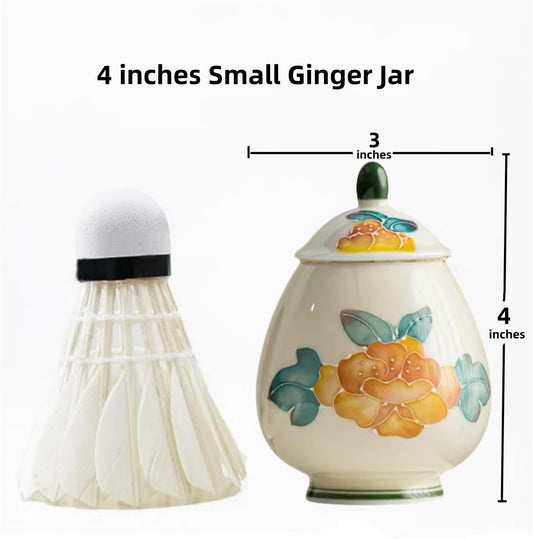 flowers Small Ginger Jar - 4 inches yellow decorative Ceramic Ginger jars with Lid, chinoiserie gift small jars for Home decor/jewelry/Tea/coffee beans/Storage
