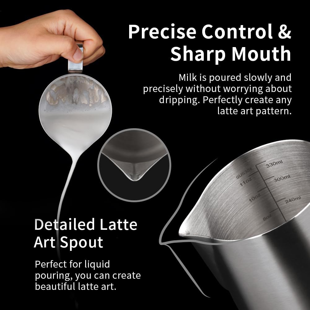 watchget Milk Frothing Pitcher 350ml/600ml/900ml/1500ml (12oz/20oz/32oz/52oz) - Stainless Steel Espresso Steaming Pitcher for Cappuccino, Latte Art, Milk Jug Coffee Frother Cup, Silver