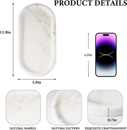 Koville Natural Marble Tray for Bathroom Countertop, Marble Storage Trays for Perfume, Cosmetics, Jewelry, Vanity Tray Stone Trays for Kitchen, Decorative Tray for Dresser Organizer(Calacatta White)