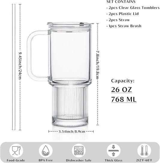 INSETLAN 26oz Glass Tumbler with Handle & Lid – 2-Pack Large Iced Coffee Cups with Straws, Modern Glass Mug for Cold & Hot Beverages, Aesthetic Travel Cup for Smoothies, Tea, and Juice