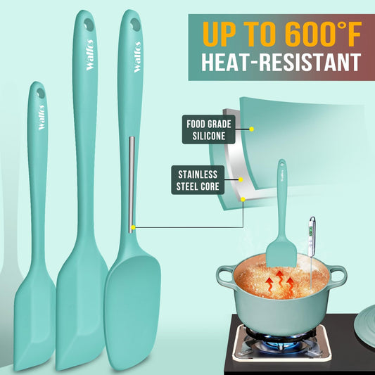 Walfos Silicone Spatula - 600°F High Heat Resistant Kitchen Spoon Spatulas(set of 5), Strong Steel Core and One-Pieces Design, For Cooking Mixing & Baking - BPA Free and Dishwasher Safe (Teal/Aqua)