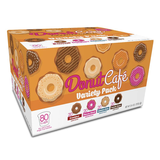 Donut Café Single Serve Coffee Pods for Keurig K Cup Brewers, Light Medium and Dark French Roast, Breakfast Classic Blend, Colombian, Variety Pack, 80 Count