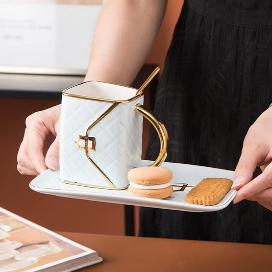YnsfreeCeramic Purse Coffee Mugs Set Tea Cup Unique Bag shaped mug and Saucer Set with Spoon and Saucer For Women Thanksgiving Christmas Gifts (White)