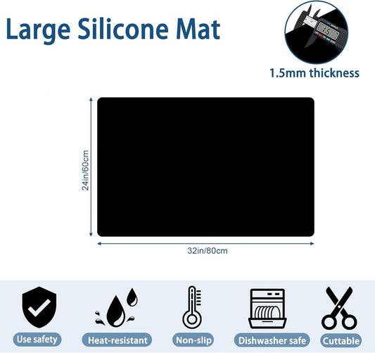 24"x32"(60cmx80cm) Silicone Mat for Kitchen Counter, Heat Resistant Non-Slip Countertop Protector, Waterproof Silicone Craft Mat for Kitchen Island, Black