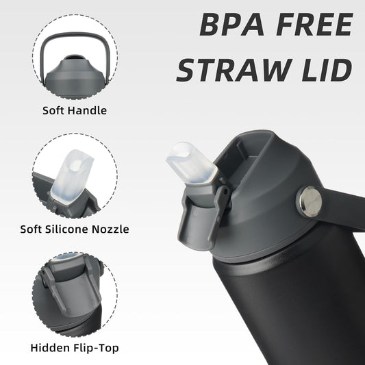 BJPKPK Insulated Water Bottle with Straw Lid, 18oz Thermos Water Bottles with Soft Nozzle, Flex Handle & Non-slip Boot, BPA Free Leak Proof Stainless Steel Metal Thermos, Tumblers, Cups,Black