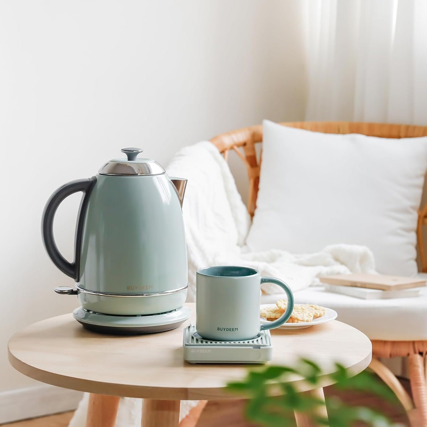 BUYDEEM K640 Stainless Steel Electric Tea Kettle with Auto Shut-Off and Boil Dry Protection, 1.7 Liter Cordless Hot Water Boiler with Swivel Base, 1440W, Cozy Greenish