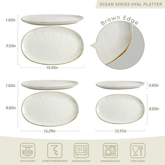 famiware Serving Platter, Oval 15.59/14.3/12.9inch Serving Dishes for Entertaining, Serving Bowls, Microwave Safe, Stoneware Serving Trays for Party, Food, Turkey, Cheese, Ocean Series, Vanilla White