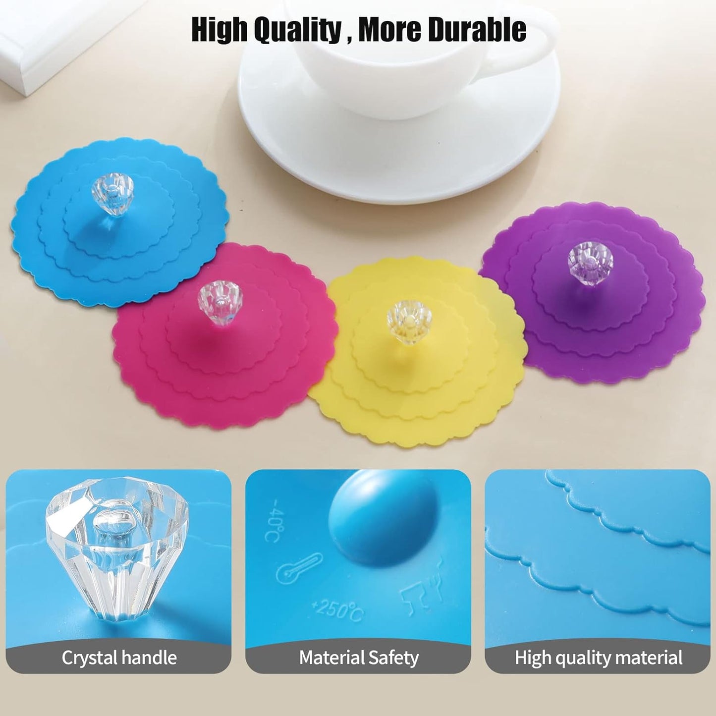 Silicone Cup Covers (Set of 4) , Multicolored Silicone Lids for Mugs, Cups, Tea Pots,Flexible Mug Covers,Hot Cup Lids for Coffee & Tea