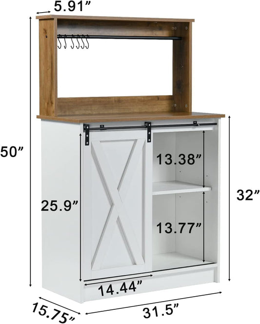 Farmhouse Coffee Bar with Hutch, White Coffee Bar Cabinet with Storage Sliding Barn Door, 31 Inch Buffet Cabinet with 6 Hooks, Coffee Bar Table with Adjustable Shelves for Living Dining Room