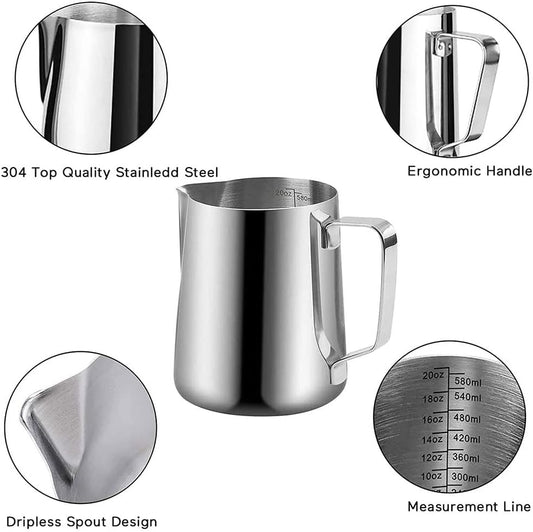 20 oz Milk Frothing Pitcher, 304 stainless steel 600ml milk can coffee frothing cup with art deco pen milk jug coffee cup used to make cappuccino latte