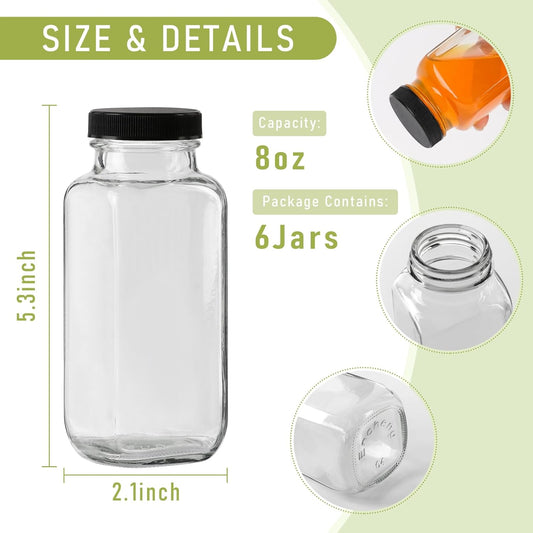 SZUAH 8 oz Glass Juice Bottles with Lids 6 Pack,Reusable Water Bottle,Juicing Bottles for Smoothies, Milk, Storage, Small and portable(240ml,Set of 6)