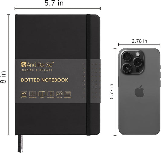 &And Per Se Dotted Journal Notebook (10 packs), A5 Hardcover Leather Bullet Dotted Journal, 160 Pages 100GSM Thick Paper, 3 Sheets of Stickers Included - 5.7'' x 8'' (Black)