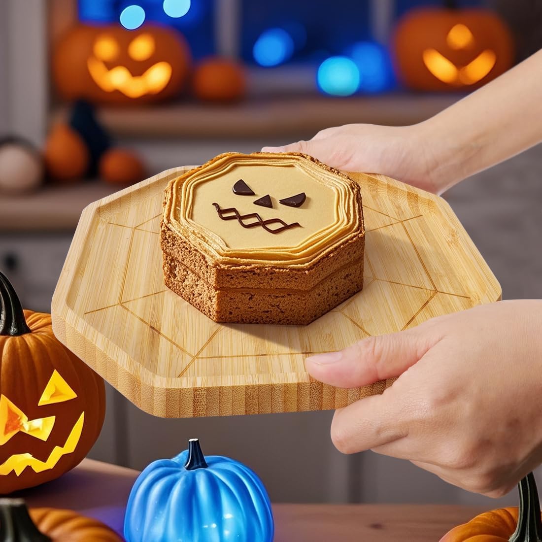TJ POP Halloween Bamboo Serving Tray - Octagon Spider Web Design Snack Dessert Platter for Candy, Cheese, Natural Wood Appetizer Tray Charcuterie Board for Party, Home Decor & Food Display (10โ x 9โ)