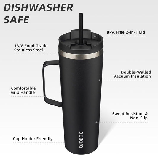 BJPKPK Insulated Tumbler with Handle, 30oz Insulated Tumblers with Lid and Straw, Stainless Steel Metal Water Bottles, Coffee Travel Mugs, Cups, Black