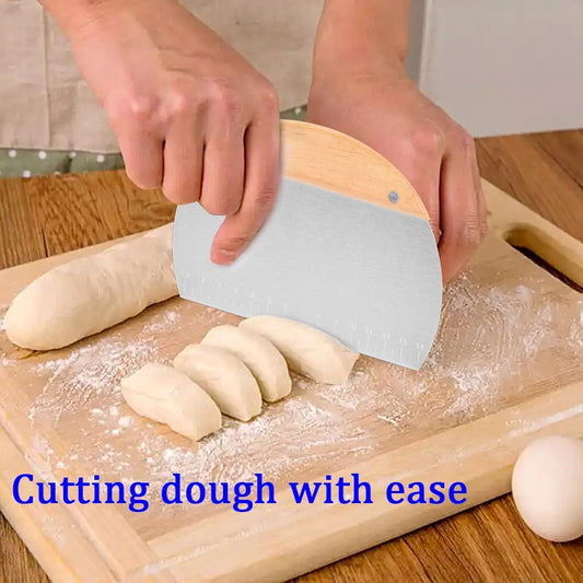 Kichwit 2 Pack 304 Stainless Steel Grill Scrapers with Wood Handle, Dough Scraper, Cake & Pizza Cutter, Multi-Purpose Scraper Tool for Kitchen