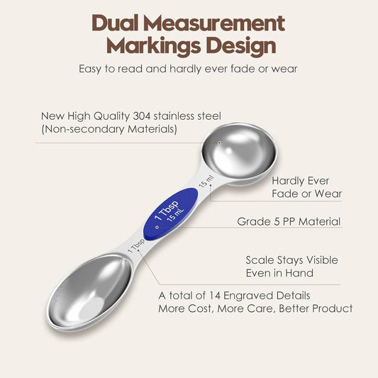 Magnetic Measuring Spoons Set of 8 - Heavy Duty 304 Stainless Steel, Triple Measurement Markings, Strong N52 Magnets, Easy to Clean, Space-Saving with Leveler Included (Colorful)