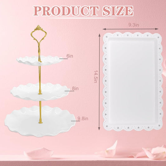 5 Pcs Dessert Table Display Set, White Plastic 2 Pcs Round 3 Tier Cupcake Stand Cup Cake Tower Stand with Metal Rod & 3 Pcs Serving Tray for Baby Shower, Tea Party, Wedding, Birthday Party