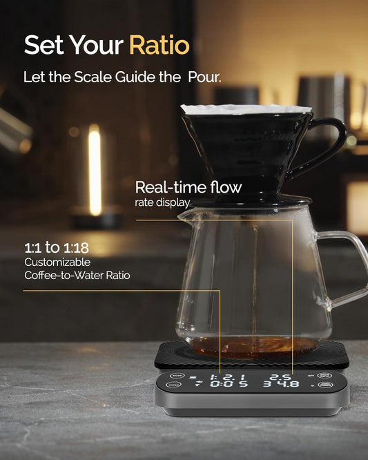 Maestri House S3 Coffee Scale with Timer, 3kg/0.1g Rechargeable Digital Scale, 3 Brew Modes, Adjustable Ratios & Flow Rate Display, Barista-Grade for Pour-Over, Espresso, French Press โ Grey