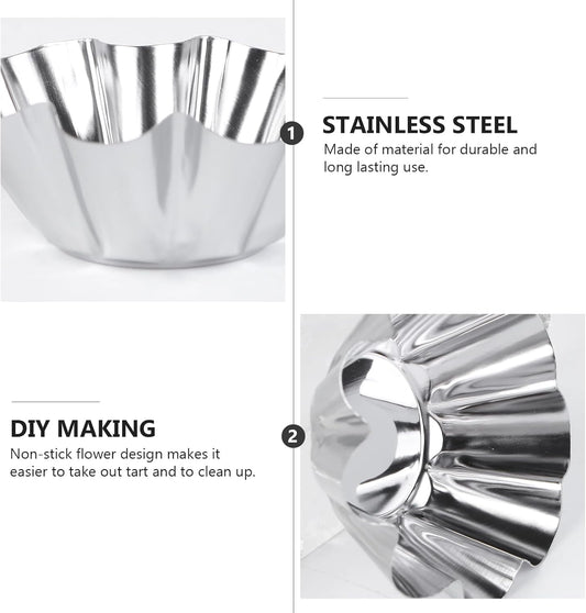 Mikinona 6pcs Stainless Steel Flower Tart Pans Non-stick Tart Muffin Cups for Baking Desserts for Cupcakes Egg Tarts and Diy Parties