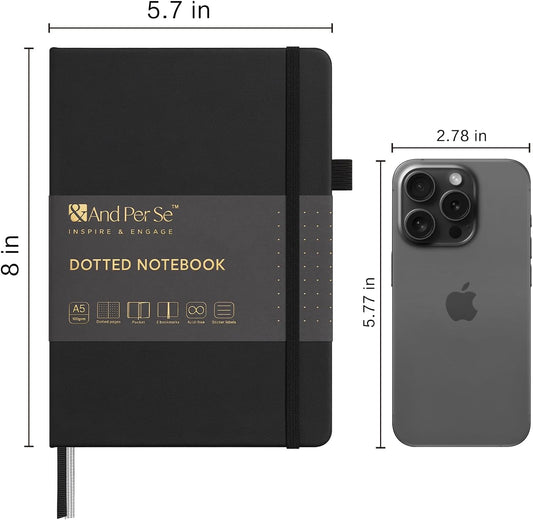 &And Per Se Dotted Journal Notebook (5 Packs), A5 Hardcover Leather Dotted Journal, 160 Pages 100 gsm Thick Paper, 3 Sheets of Stickers Included- 5.7'' x 8'' (Black