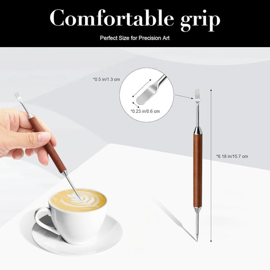 2-Pack Latte Art Pen Set, Stainless Steel Coffee Drawing Tool with Wood Handle, Double-Ended Barista Accessories for Creating Professional Espresso Tools, Home & Travel & Cafe Use