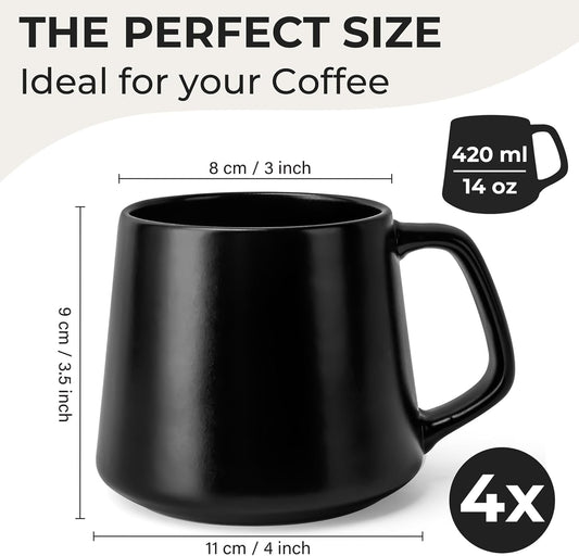 MIAMIO - Coffee Mugs Set of 4 / Large Ceramic Coffee Cups (14 oz) - Mug for Cappuccino, Tea, Espresso - Microwave and Dishwasher Safe - Luxe Collection (Black Series)