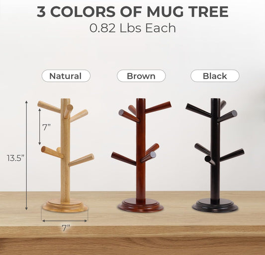 Pack 2 Mug Tree 6 Hooks Rubberwood 13.5"x7"x7", Strudy & Thick Base, Large & Small Cup Holder Tree Wooden for Jewelry, Kitchen Tools, Pantry, Ornaments, Countertop, Table Organizer (Brown)