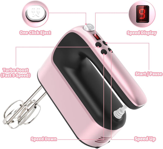 9-Speed Digital Hand Mixer Electric, 400W Powerful DC Motor, Baking Mixer Handheld with Snap-On Storage Case, 5 Stainless Steel Accessories, Flat Beaters, Dough Hooks, Whisk (Rose Gold)