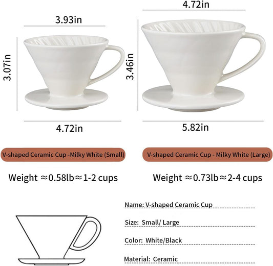 Pour Over Coffee Maker, Single Cup Coffee Dripper, Manual Porcelain Slow Brewing Accessories for Travel, Camping, Office, Home, Cafe, Coffee Gifts (Milky White, Large)