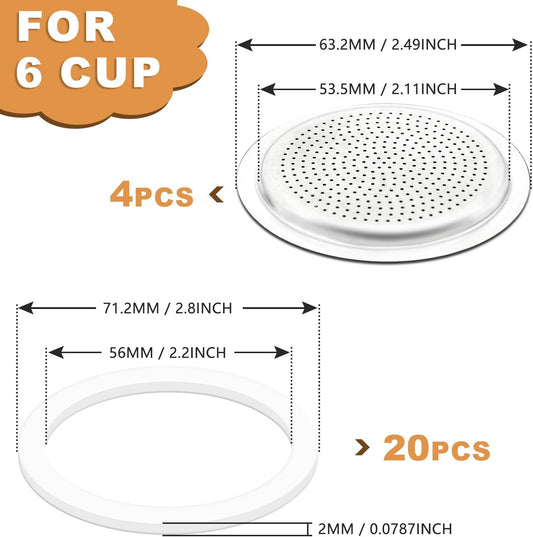 20PCS Silicone Gaskets Seal Ring with 4 PCS Stainless Steel Filter Basket Includes,Spare Food Grade Silicone Sealing Rings for Aluminium Stovetop Coffee Maker Pots -6Cup