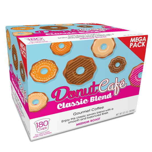 Donut Cafe Single Serve Coffee Pods for Keurig K-Cup Brewers, Classic Blend, Medium Roast, 180 Count Mega Pack