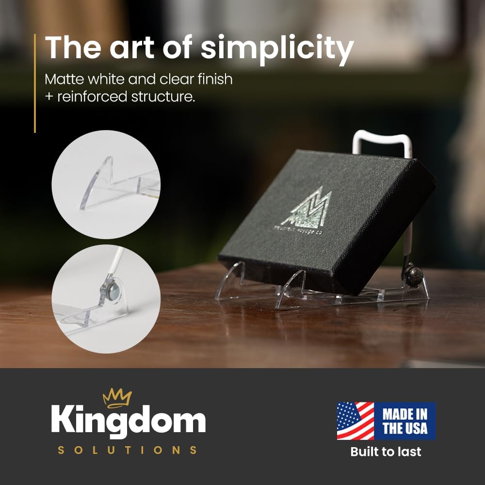 KINGDOM SOLUTIONS MADE IN USA 12-Pack Adjustable Acrylic Easels - Plate Stand - Sturdy Book Stand for Art, Pictures, Plates, Frames - Unique on the Market