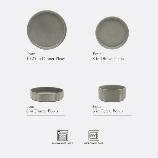 Gibson Elite Deerfield 16-Piece Stoneware Dinnerware Set – Soft Grey Reactive Glaze, Stackable Plates and Bowls, Service for 4 – Microwave & Dishwasher Safe