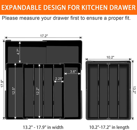 Silverware Organizer - Expandable Kitchen Drawer Organizer BPA-Free Silverware Drawer Organizer, Stackable Cutlery Tray for Forks, Knives, Slim Kitchen Organizers and Storage, Black, Large