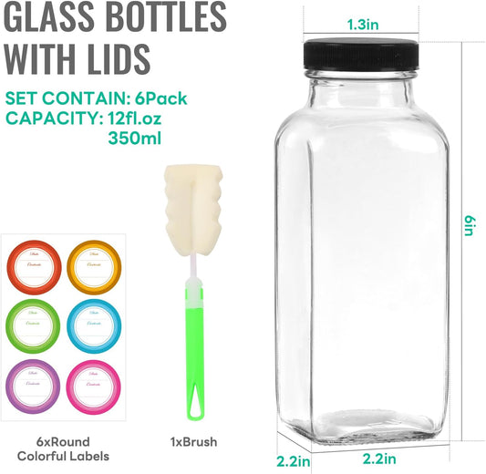 12 oz Glass Juice Bottles with Lids 6 Pack,Reusable Glass Drink Bottles,350ml Water Drinking Jars for Milk,Juicing,Kombucha,Ginger,Beverage Glassware,Juice Drinking Jars