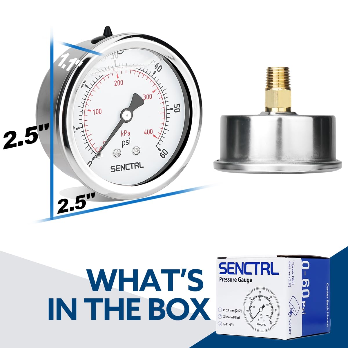 SENCTRL 0-60 Psi Glycerin Liquid Filled Low Pressure Gauge, 2.5" Dial Size, 1/4" NPT Back Mount, Stainless Steel Case, for Pool Sand Filter Pump Tire Water Oil Air Pressure Test