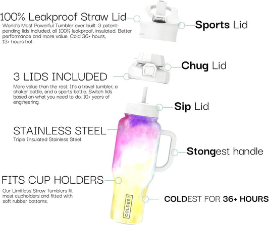 Coldest 40 oz Tumbler with Handle and Straw, 100% Leak Proof Insulated Tumbler with Lid and Straw (3 Lids), Stainless Steel Tumblers for Women & Men, Cup Holder Friendly, 36 oz (Clouds of Tie Dye)