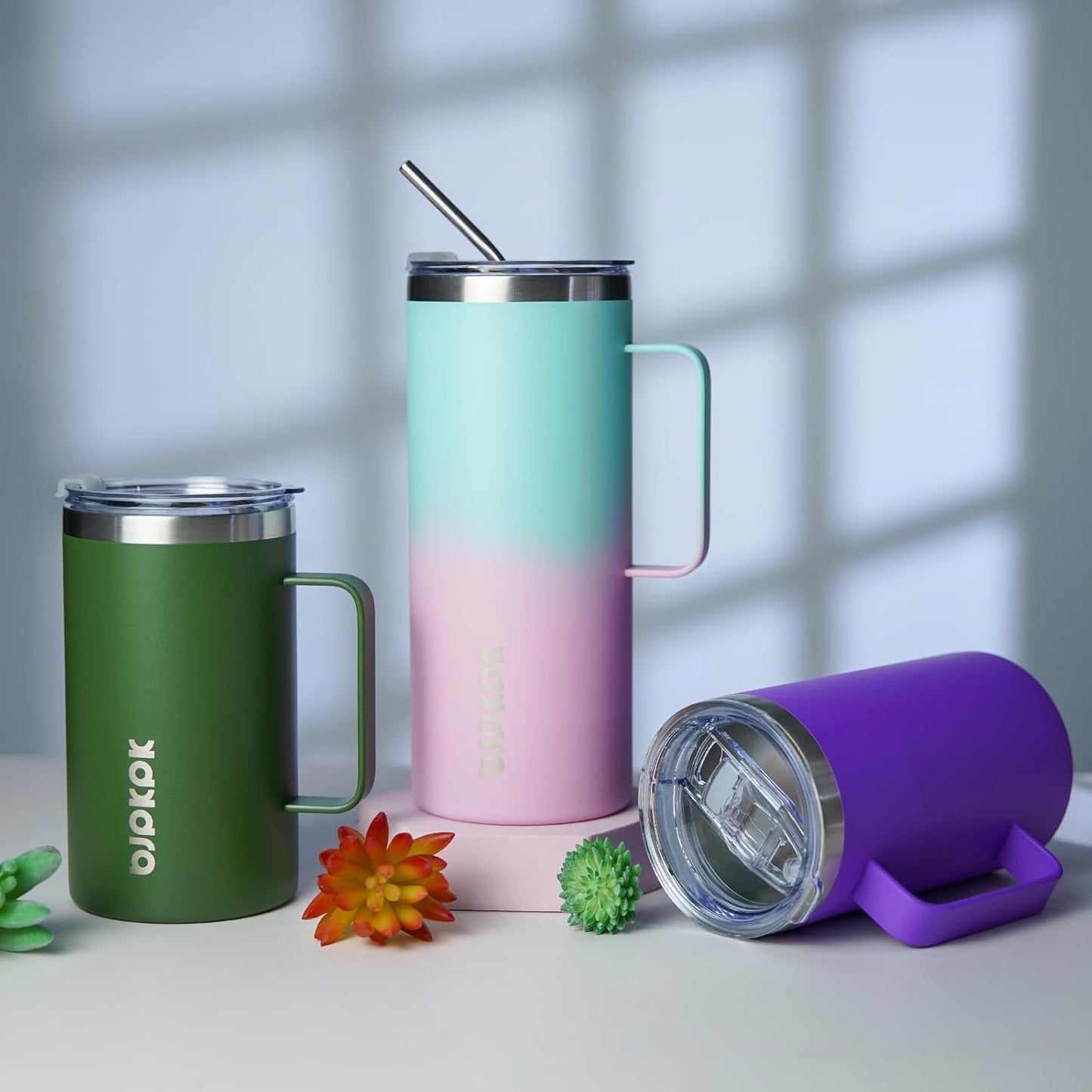 BJPKPK Insulated Coffee Mug with 2 Lids, 32oz Stainless Steel Insulated Tumbler with Handle, Double Wall Vacuum Coffee Cups, BPA Free Travel Mug for Coffee, Tea and Drinks, Marshmallow