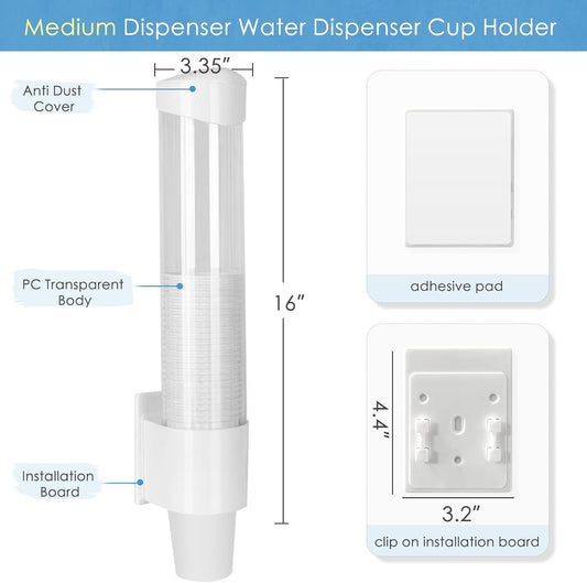 Cup Dispenser Medium Pull Type, Paste or Screw Plate Mountable Cup Holder, Fits 5oz - 7oz Cone or Flat Bottom Cups, 16” Tube Length, Mounting Water Dispenser Cooler or Wall (Medium, White)