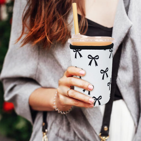 Reusable Insulated Neoprene Iced Coffee Cup Sleeve, Durable Drink Sleeve for Cold Beverages, Beverage Holder for Iced Coffee, Black Bow