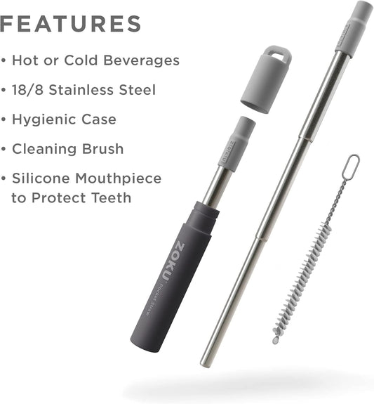 ZOKU Reusable Metal Straw with Case for Travel, Grey - Collapsible Stainless Steel Drinking Straw with Silicone Tip and Cleaner Brush, Ideal for Key Chains, Pockets, Purses
