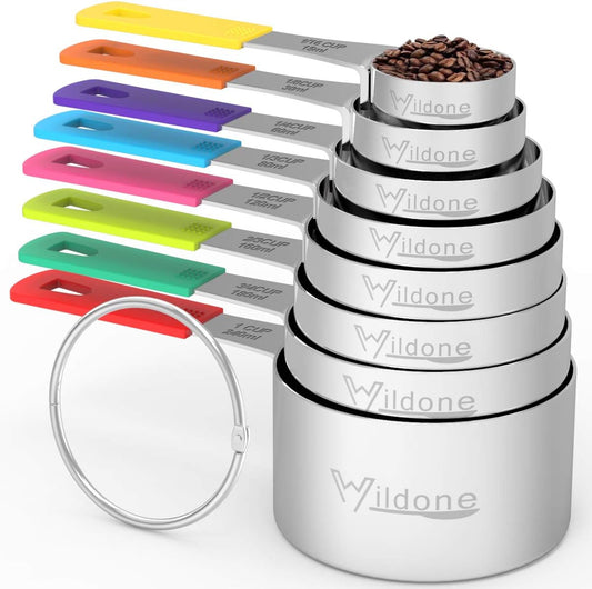 Wildone Measuring Cups & Spoons Set of 18 - Includes 8 Stainless Steel Nesting Measuring Cups, 9 Measuring Spoons, 1 Leveler, Ideal for Dry and Liquid Ingredients