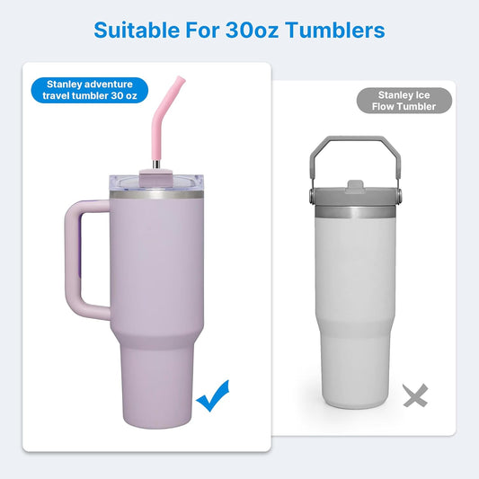 Repeatable Metal Straw with Silicone Tips for 30 oz Stanley Tumbler, 2 Pcs 30 oz Stainless Steel Straws Replacement for Stanley Tumbler, 1 Straw Brush, BPA Free(Mallow Purple)